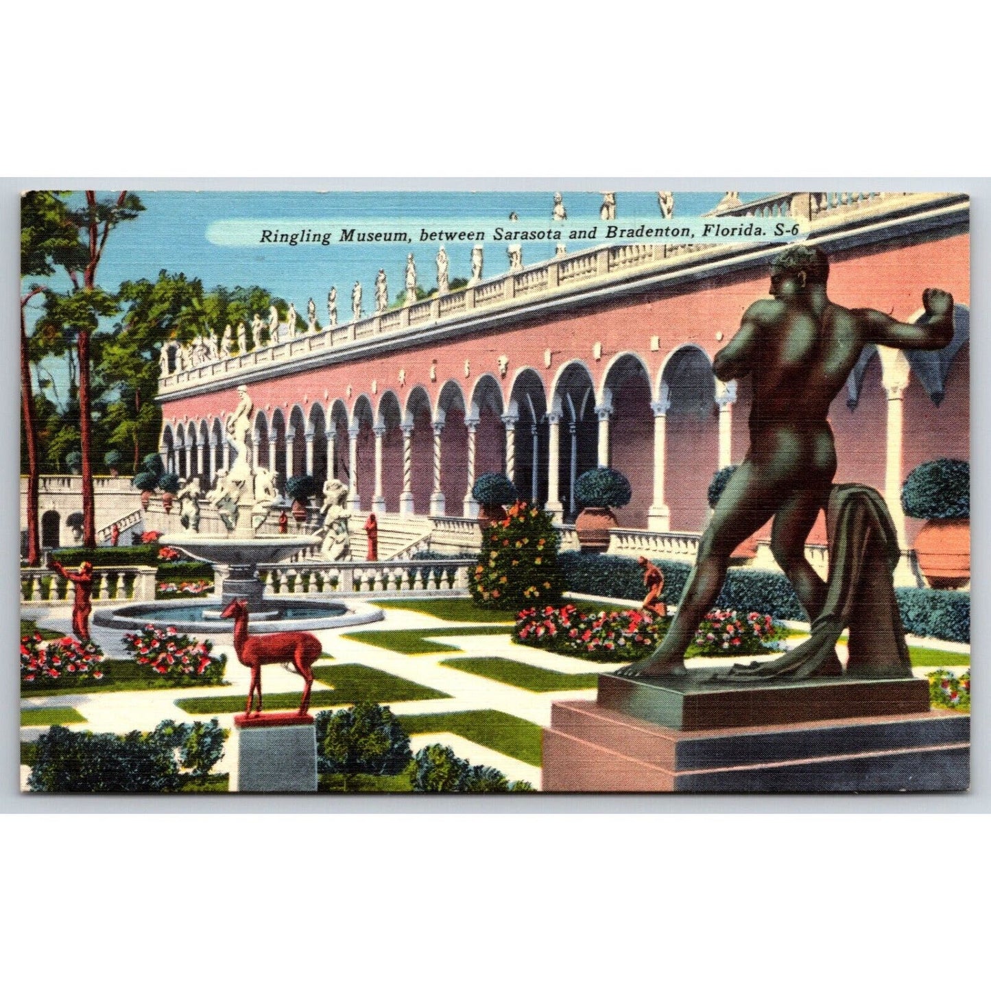 Ringling Museum Courtyard Sarasota Linen Postcard c1940s-50s PM 1965
