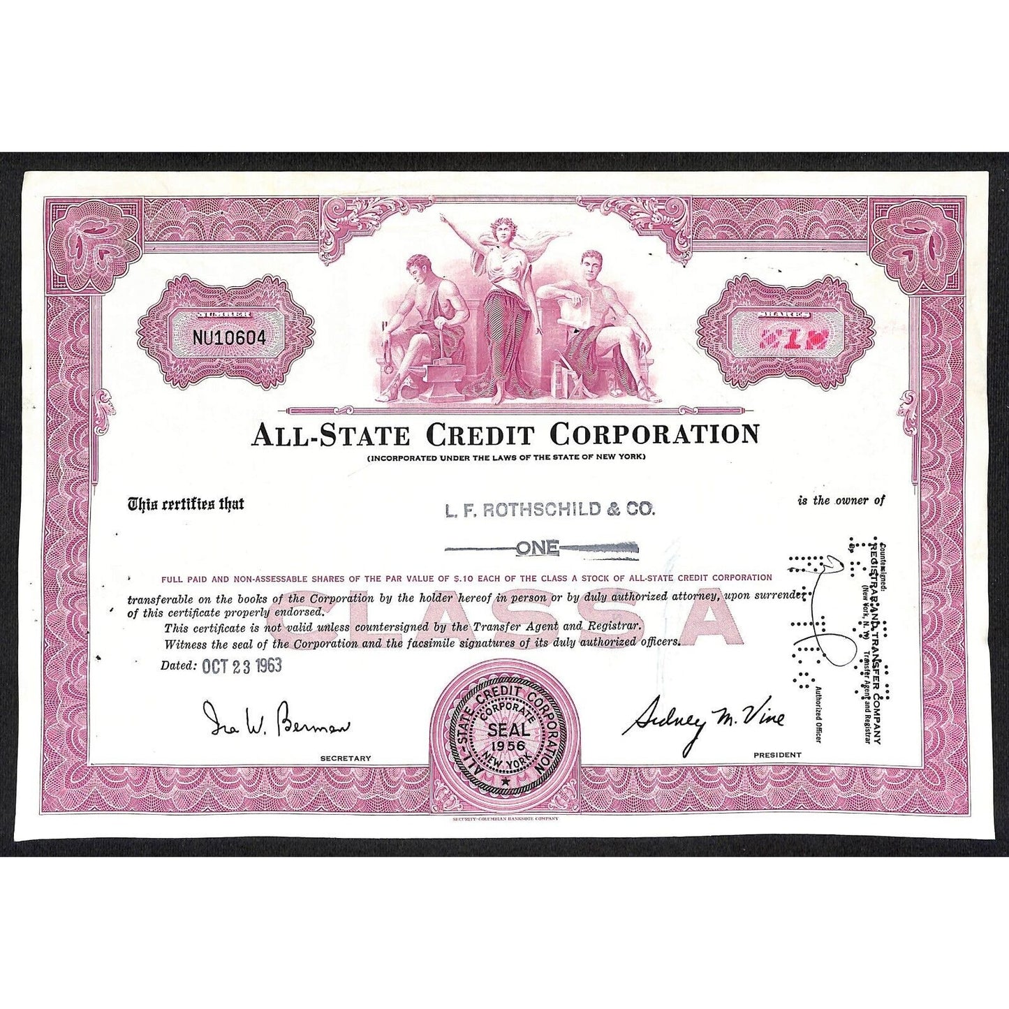 All State Credit Corporation NY 1963 Stock Certificate L.F. Rothschild & Co.
