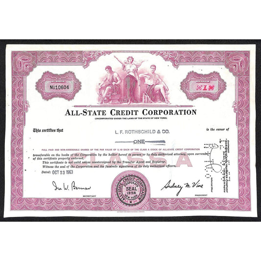All State Credit Corporation NY 1963 Stock Certificate L.F. Rothschild & Co.