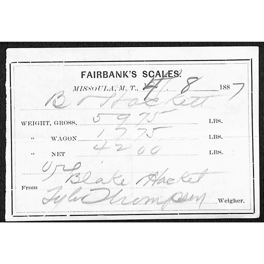 1887 Missoula Montana Territory Fairbank's Scales Mining Ore Weight Receipt (#2)