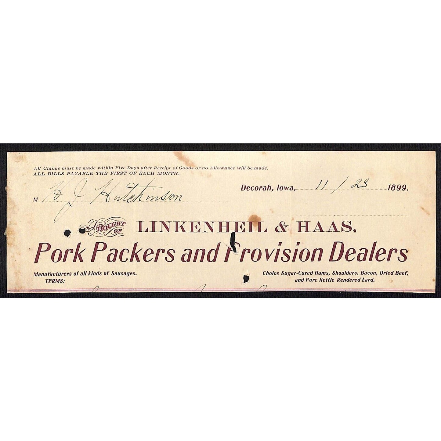 Linkenheil & Haas Pork Packers H.J. Hutchinson* Decorah Cut 1899 Billhead