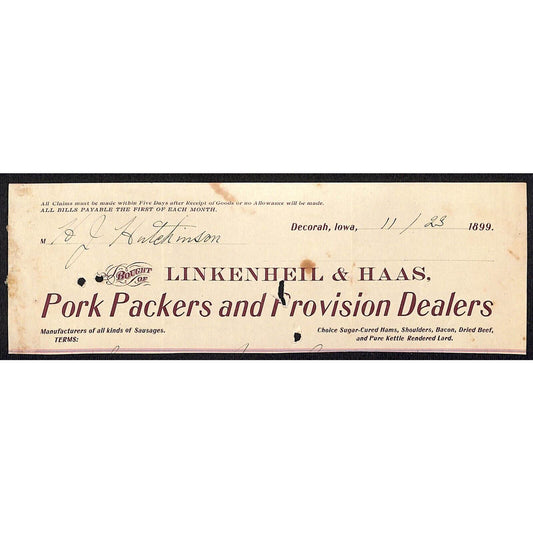 Linkenheil & Haas Pork Packers H.J. Hutchinson* Decorah Cut 1899 Billhead