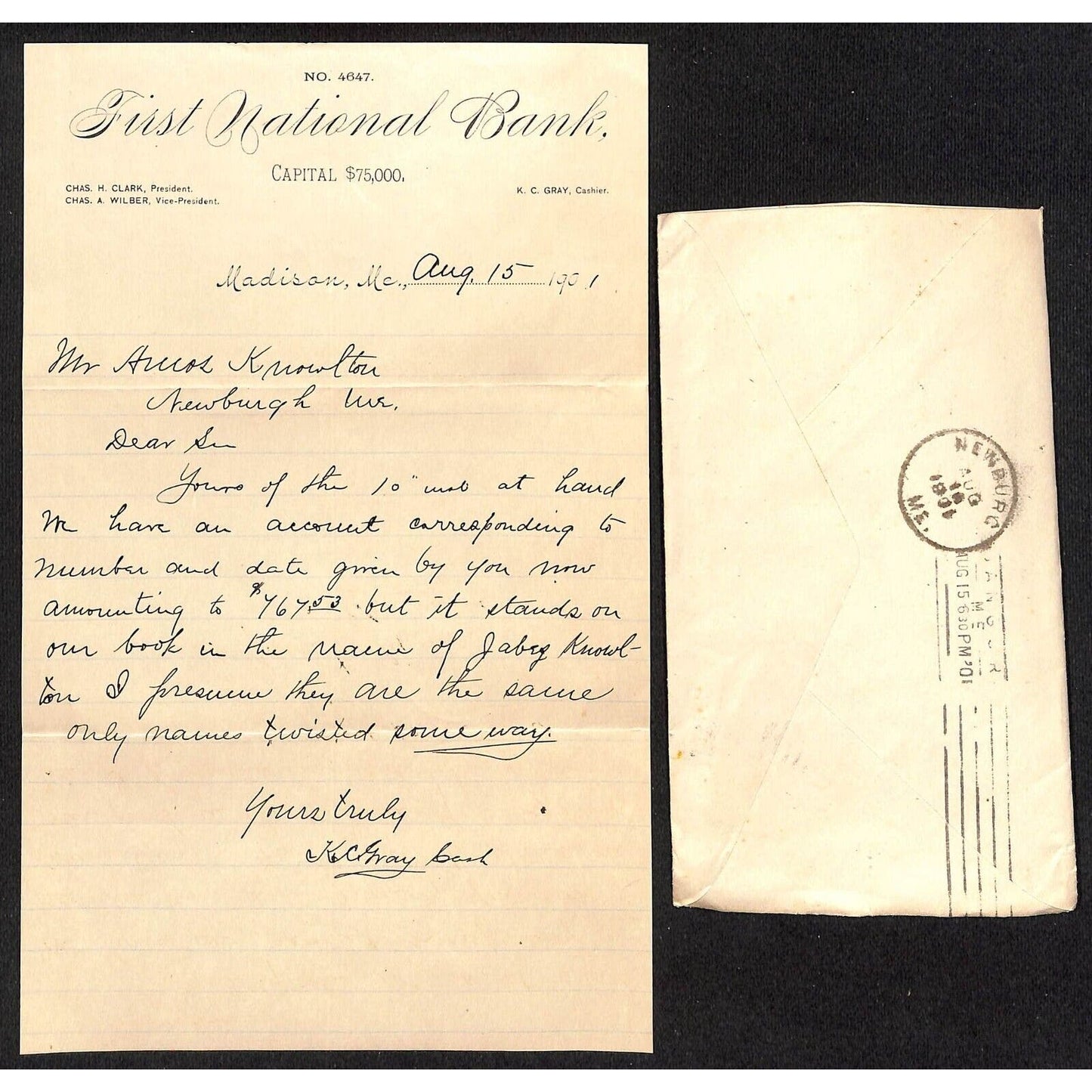 Madison, ME First National Bank 1901 ALS Letterhead & Cover Knowlton*