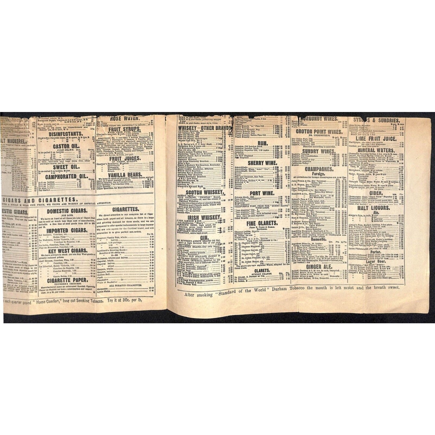 H.K. & F.B. Thurber & Co NYC 1880 Newspaper-Style Whsl. Food Price List TORN*