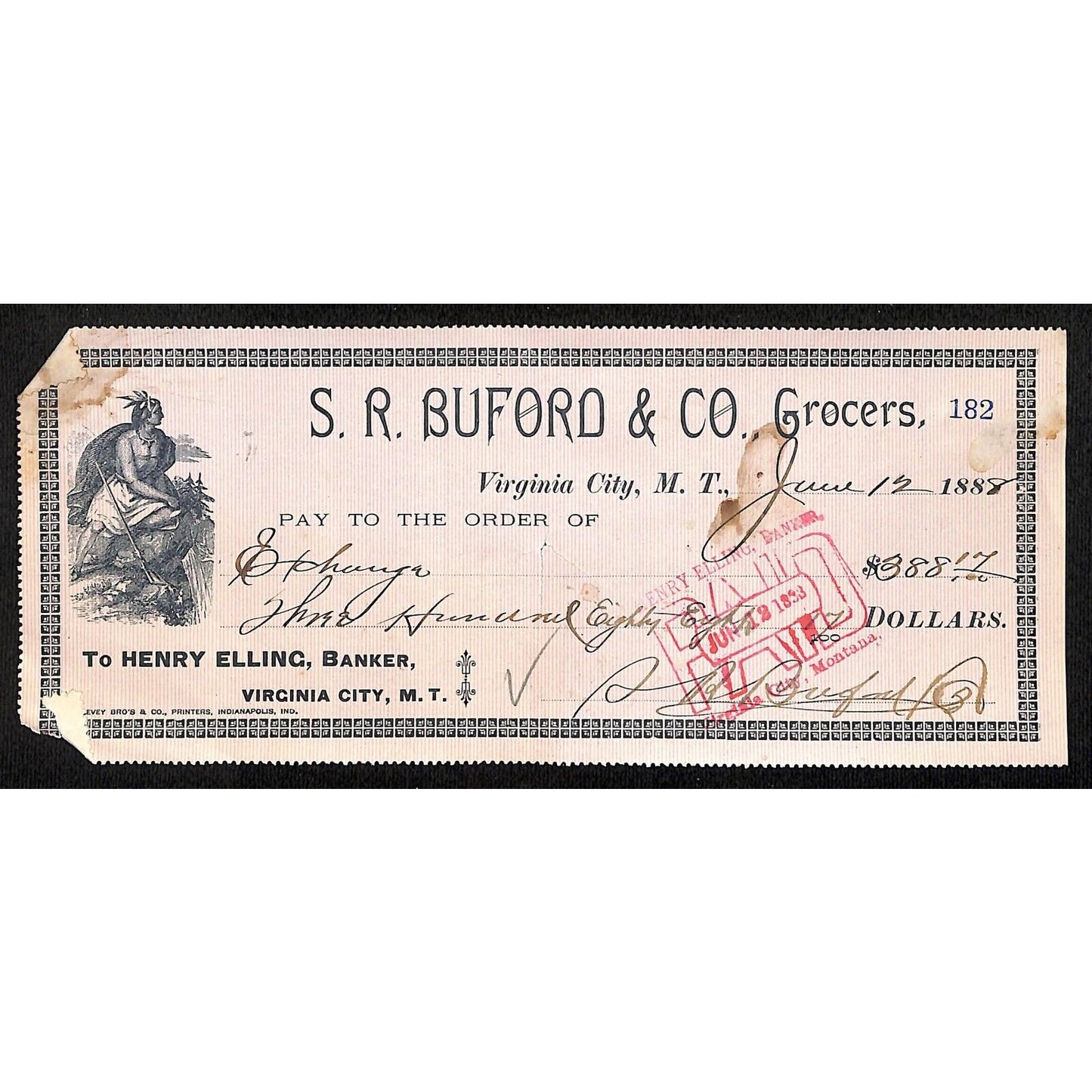 1888 Henry Elling Virginia City Montana Territory S.R. Buford Grocers Check #182