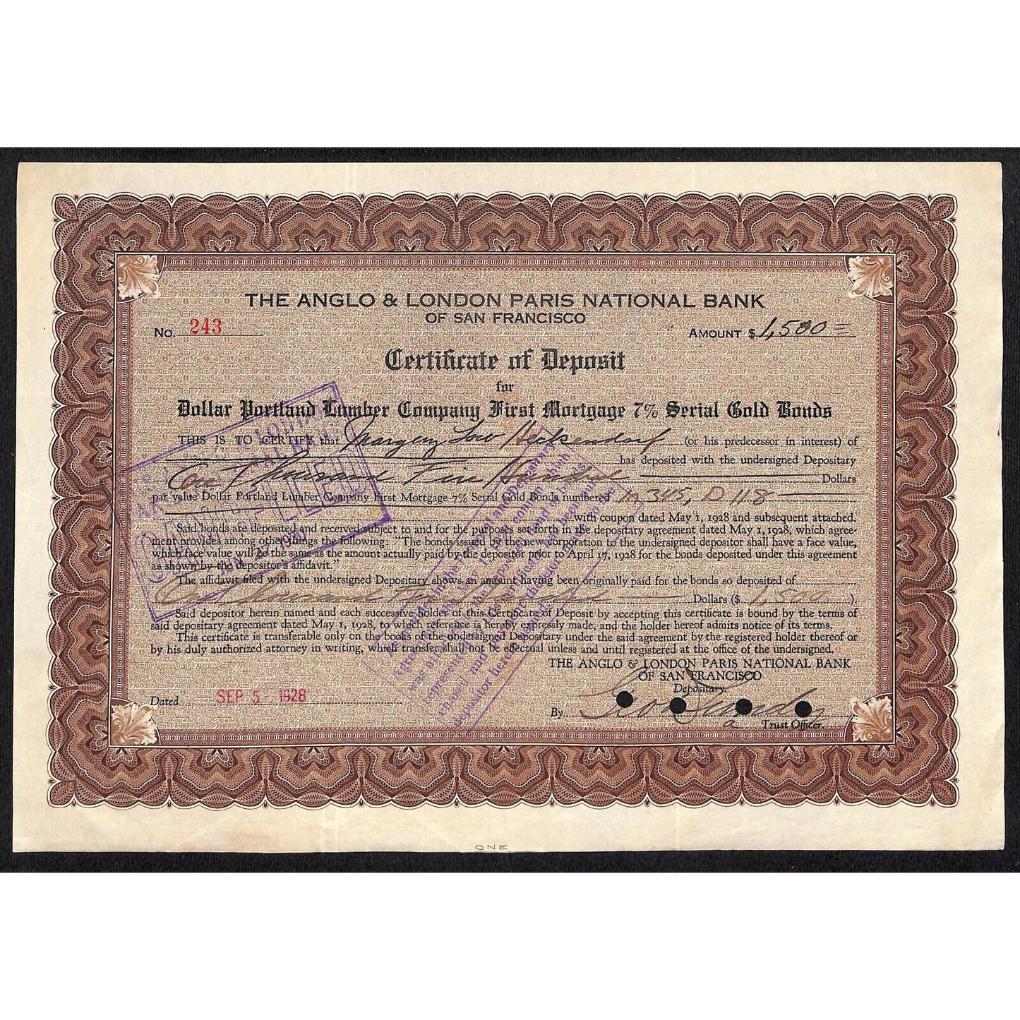 Anglo & London Paris National Bank of S.F. 1928 Certificate Deposit Heckendorf ?