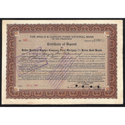 Anglo & London Paris National Bank of S.F. 1928 Certificate Deposit Heckendorf ?