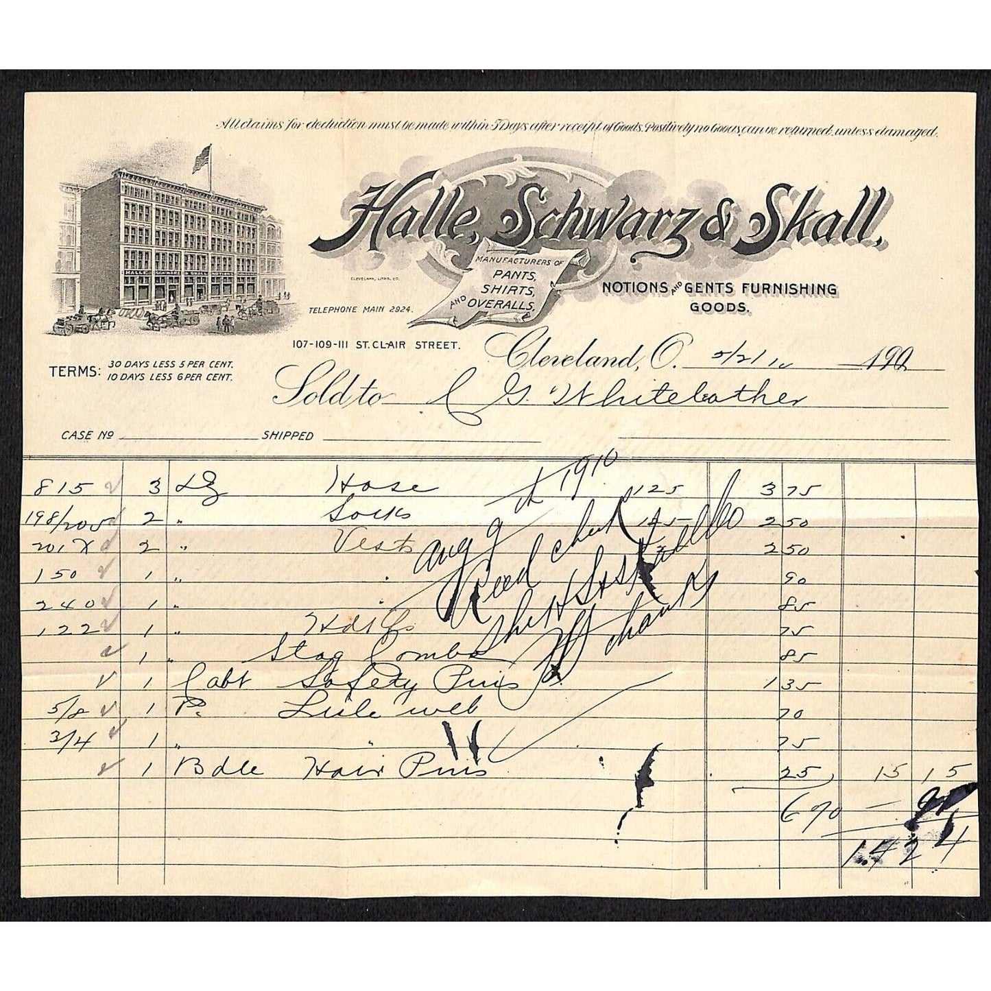 Halle, Schwarz & Skall Cleveland Billhead 1910 Whiteleather* N. Georgetown, OH