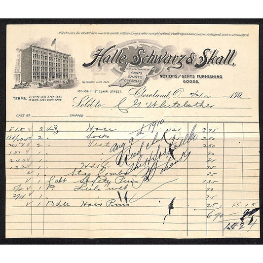 Halle, Schwarz & Skall Cleveland Billhead 1910 Whiteleather* N. Georgetown, OH