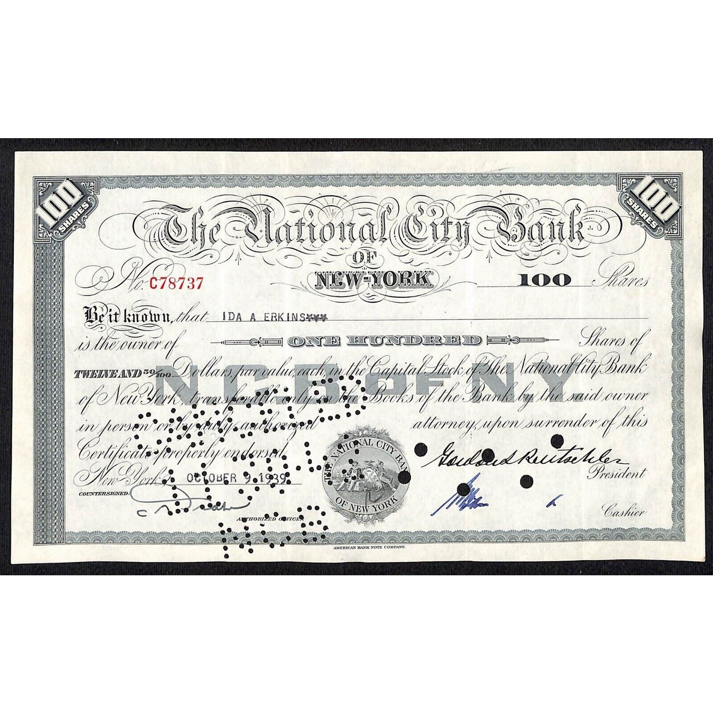 National City Bank of New York 1939 Stock Certificate to Ida A. Erkins