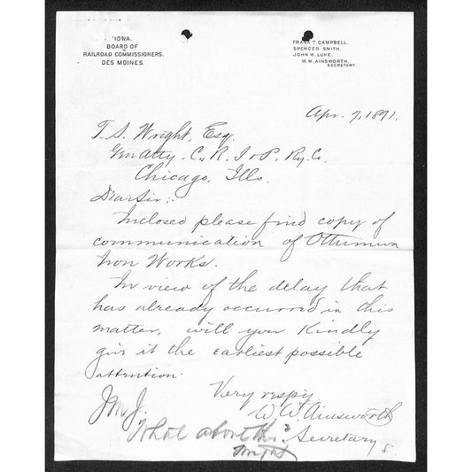 Iowa Board of Railroad Commissioners Des Moines 1891 ALS Letterhead to CRI&P Ry