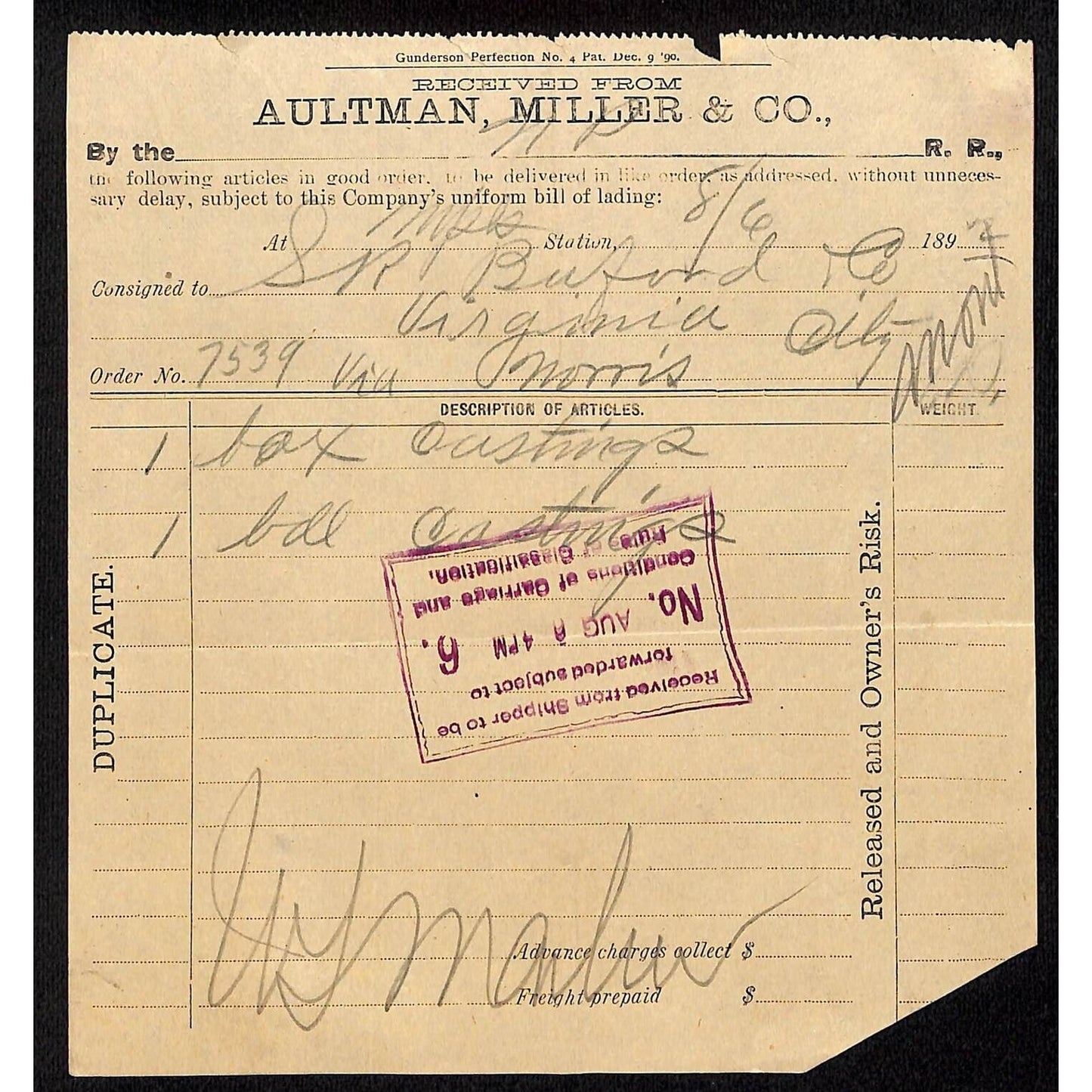 Aultman, Miller & Co. (Buckeye) 1892 Bill of Lading Receipt to Buford*