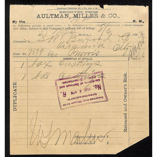 Aultman, Miller & Co. (Buckeye) 1892 Bill of Lading Receipt to Buford*