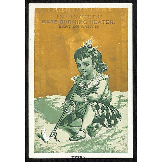 Invincible Base Burning Heater Victorian Trade Card Girl Golf / Hockey Stick ?