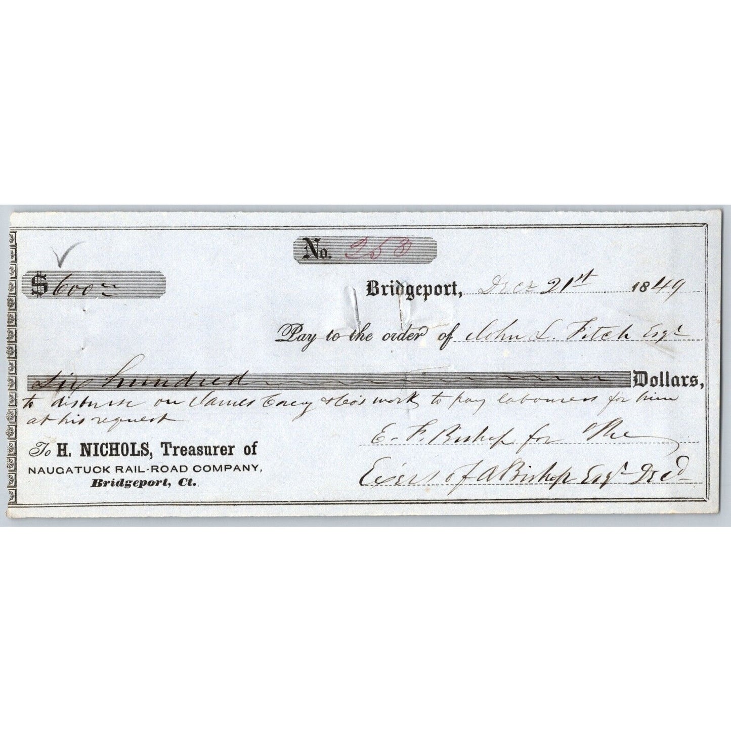 Naugatuck Railroad Co. Bridgeport Connecticut 1849 Check # 253 John L Fitch
