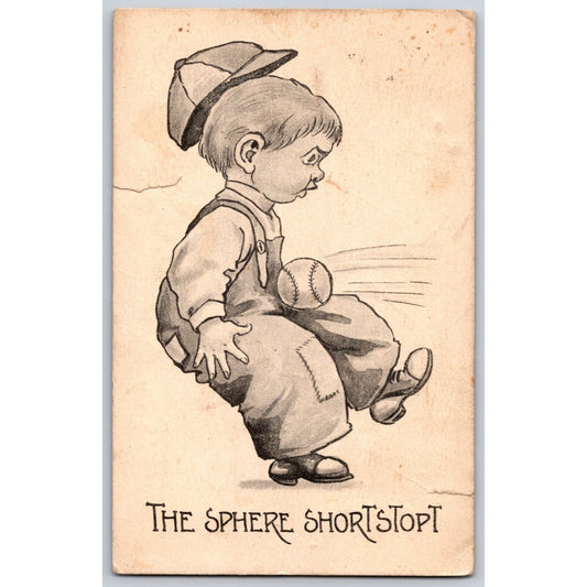 Funny Baseball Humor Postcard "The Sphere Shortstop" Boy Hit With Ball PM 1912