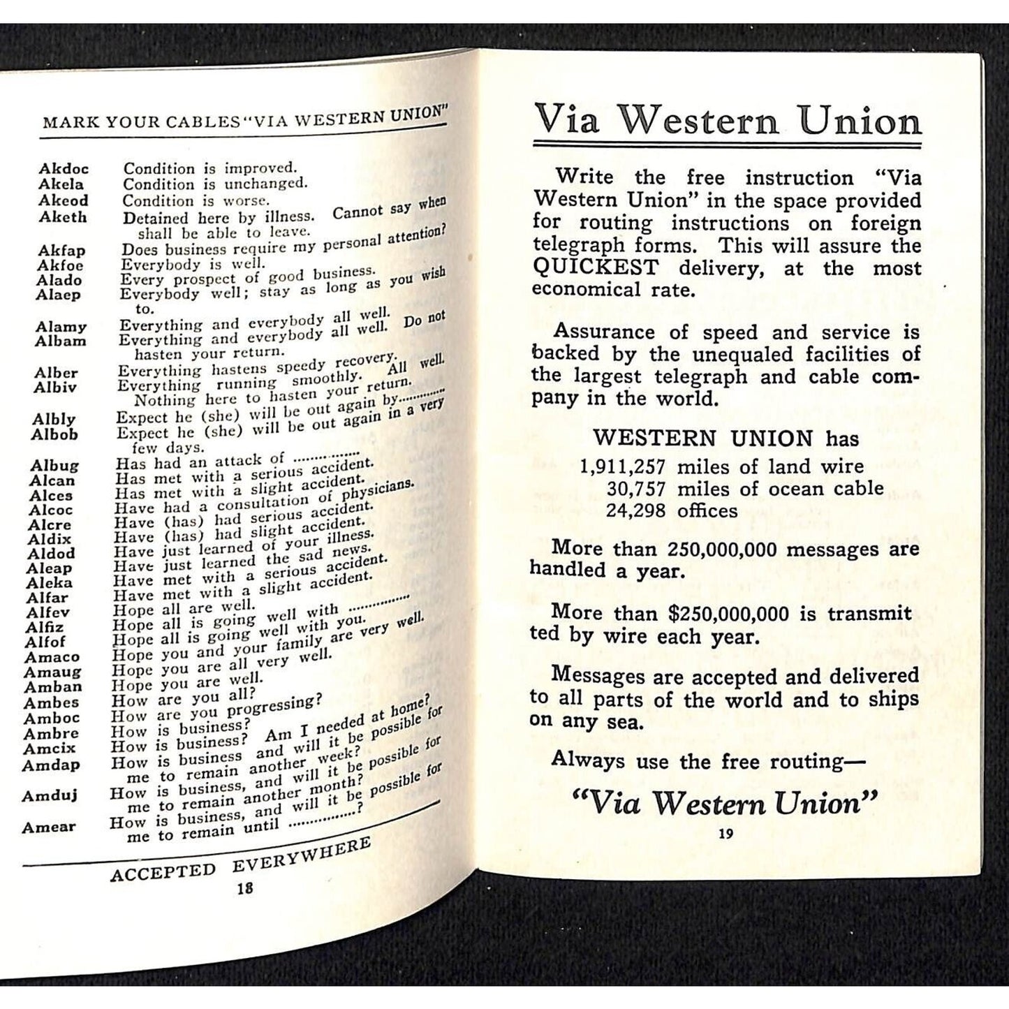 Western Union Traveler's Cable Code Booklet c1936 71pp VGC Scarce