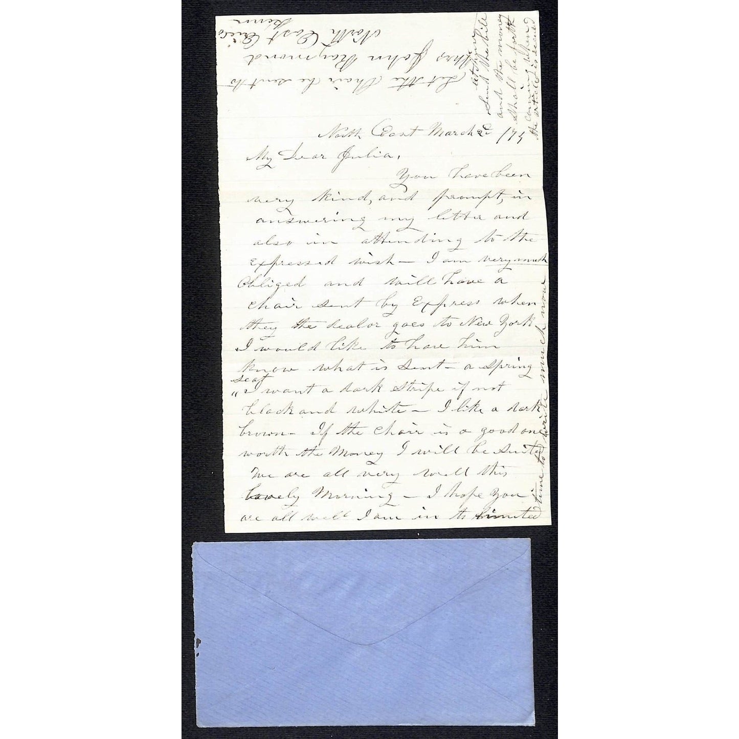 c1870's Mrs. D? Bartlett Waterbury, CONN ALS "My Dear Julia" re: Gift of a Chair