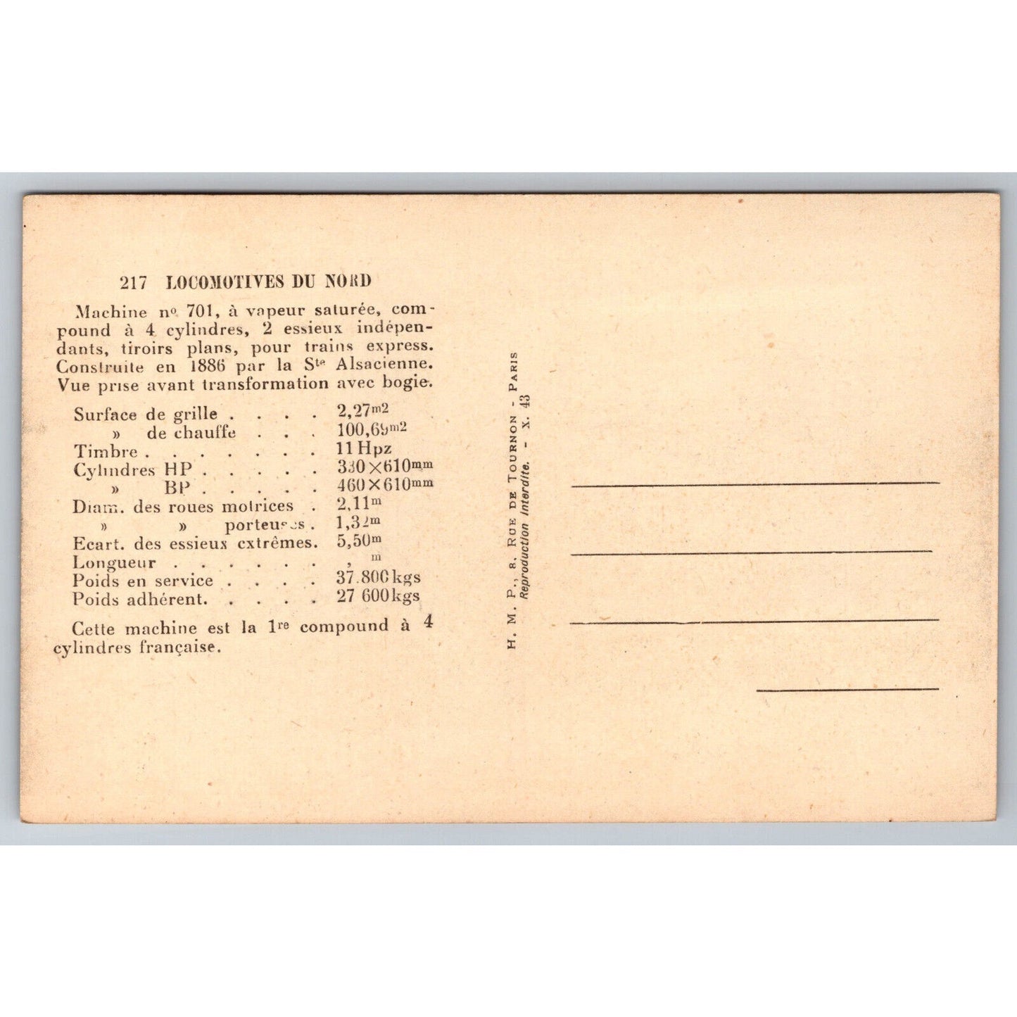 French Railroad RPPC* Postcard Machine 701 1886 H.M.P.