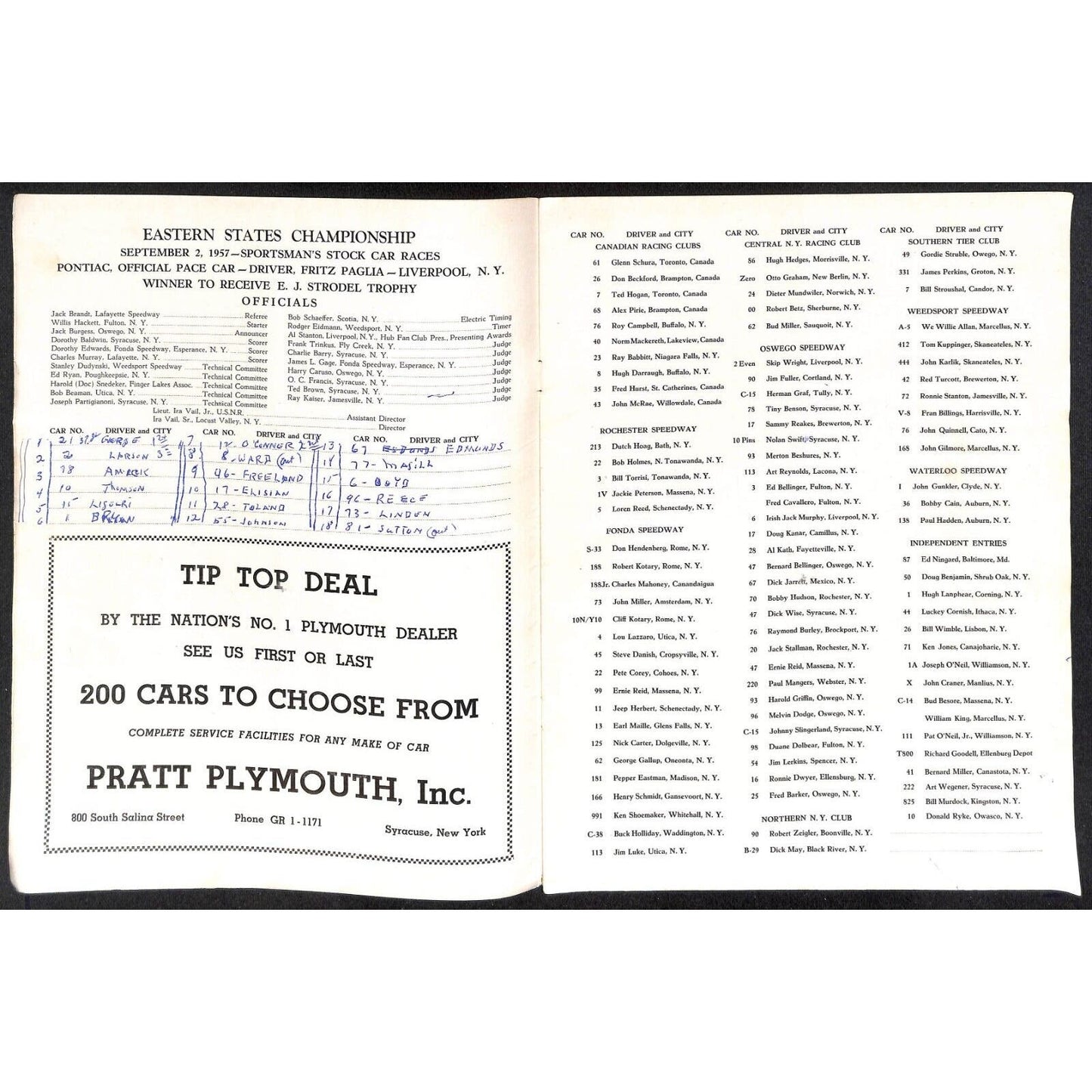New York State Fair Auto Racing Program Stock Car Sept. 1957 20pp Scarce