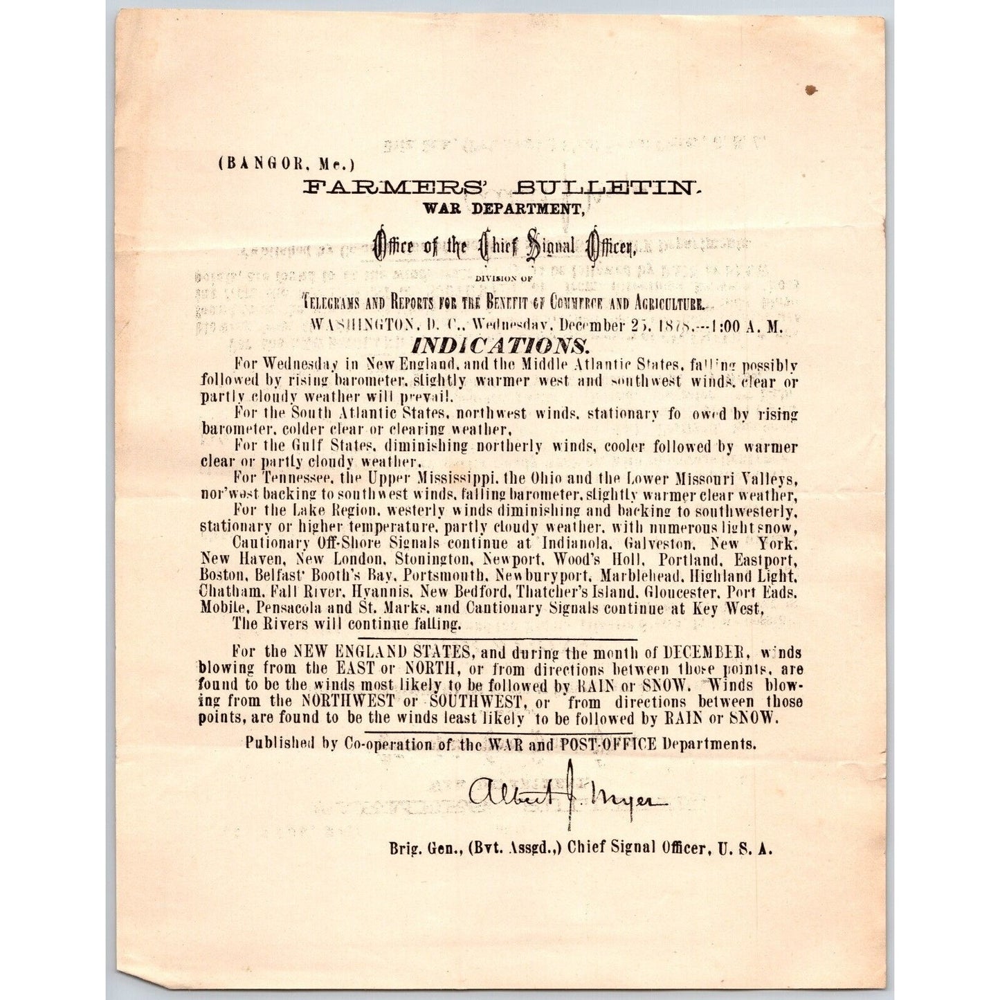 Bangor, ME Chief Signal Office, War Department Farmers' Bulletin - Dec. 25, 1878