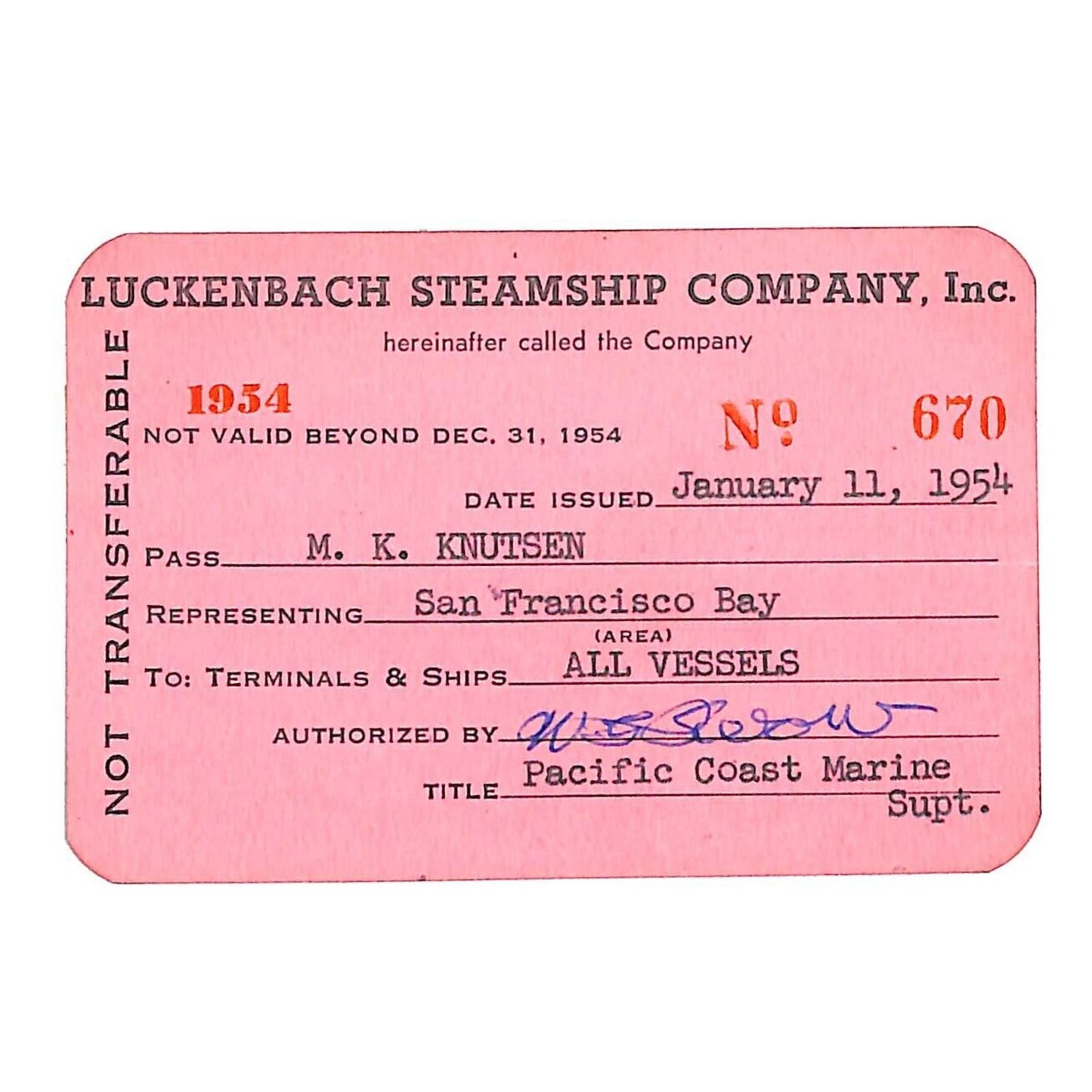 Luckenbach Steamship Company 1954 "All Vessels" Yearly Pass - Scarce VGC