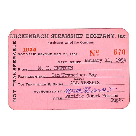 Luckenbach Steamship Company 1954 "All Vessels" Yearly Pass - Scarce VGC