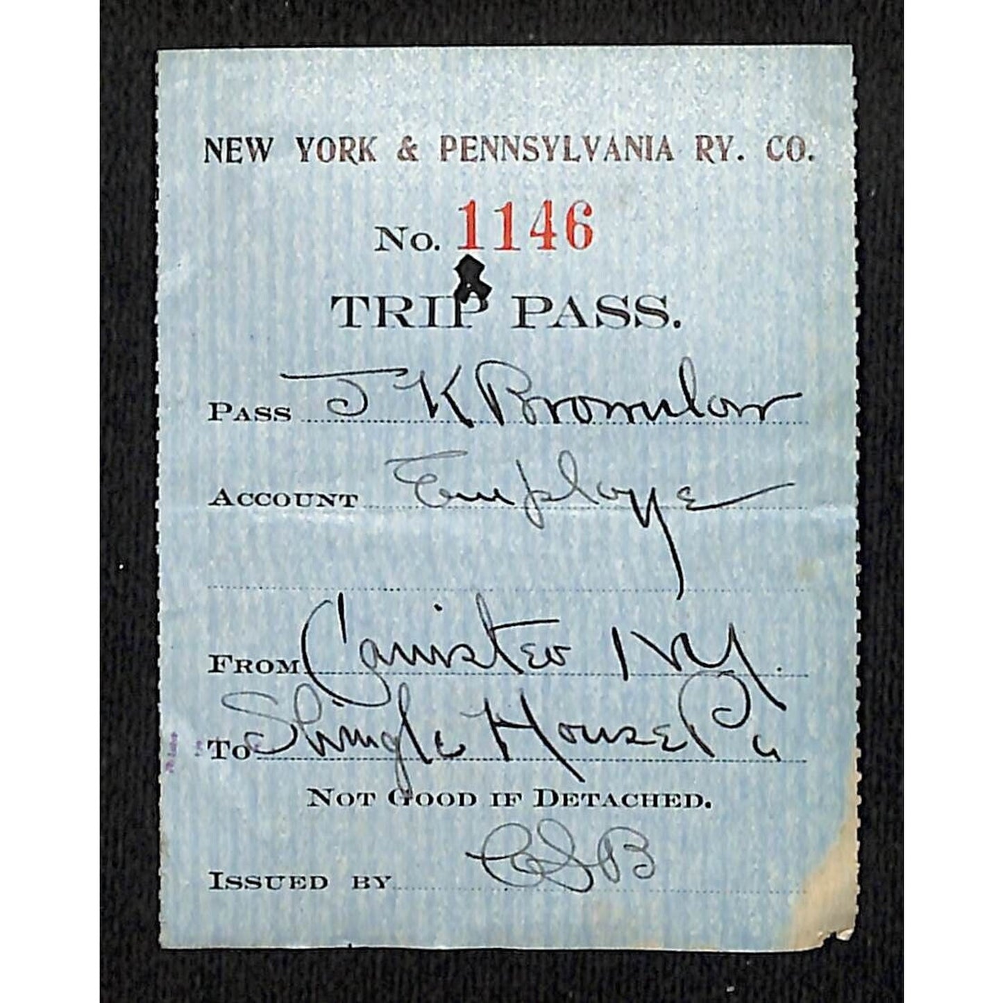 New York & Pennsylvania Ry c1917 Trip Pass Ticket Stub w/Hand Writing #1146