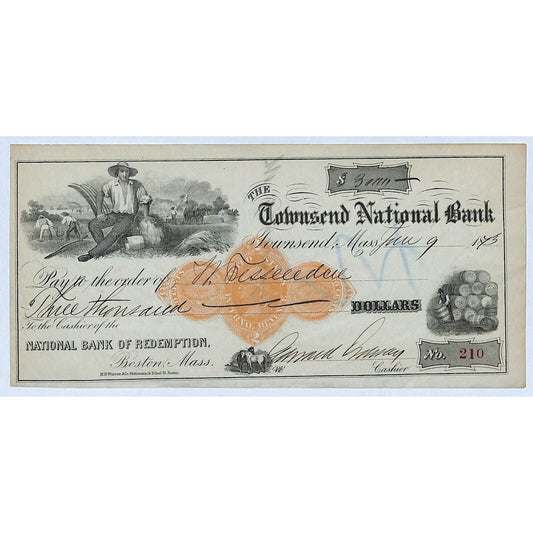 1873 Townsend National Bank Massachusetts $3K Vignettes Rev Stamp - Cut Cancel