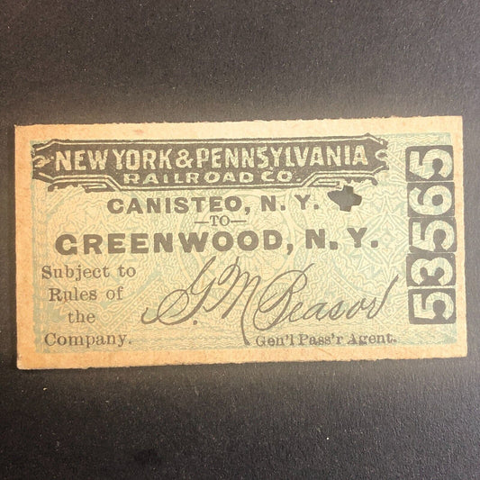New York & Pennsylvania Railroad July 17 1917 Greenwood, NY Ticket #53565