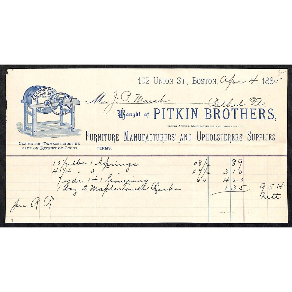 Pitkin Brothers Boston Furniture 1885 Billhead to J.P. Marsh Bethel, VT* Scarce