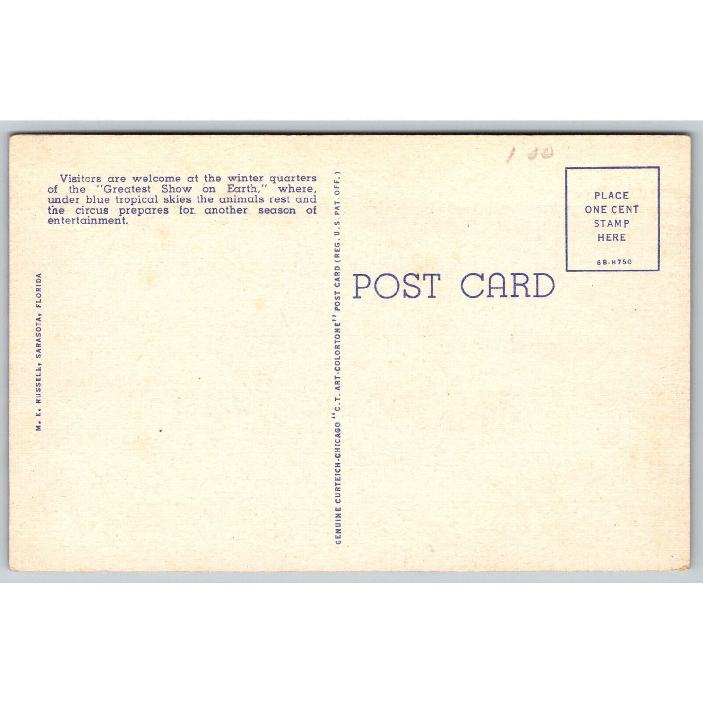 Big Top & Monkey Island Ringling Bros Sarasota Linen Postcard c1935-45 VGC