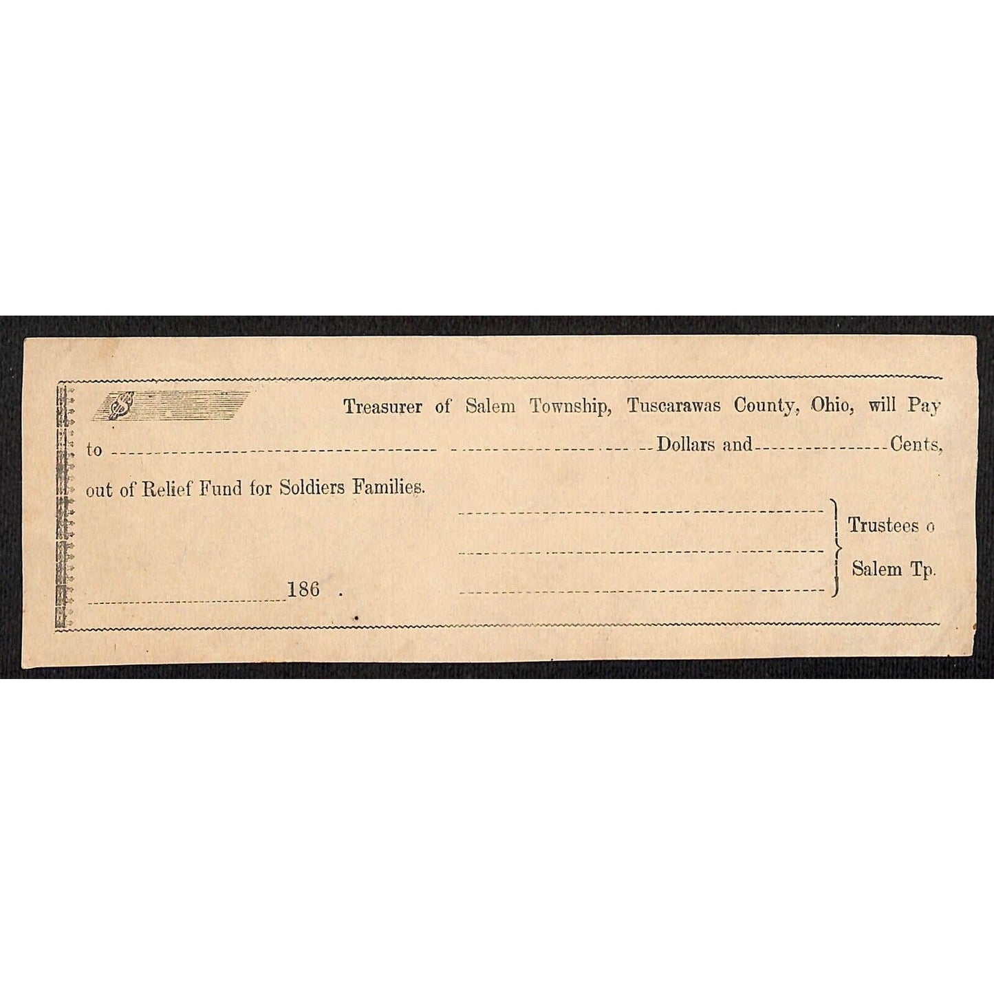 1860's Salem Township, OH Treasurer Relief Fund for Soldiers Families Unused