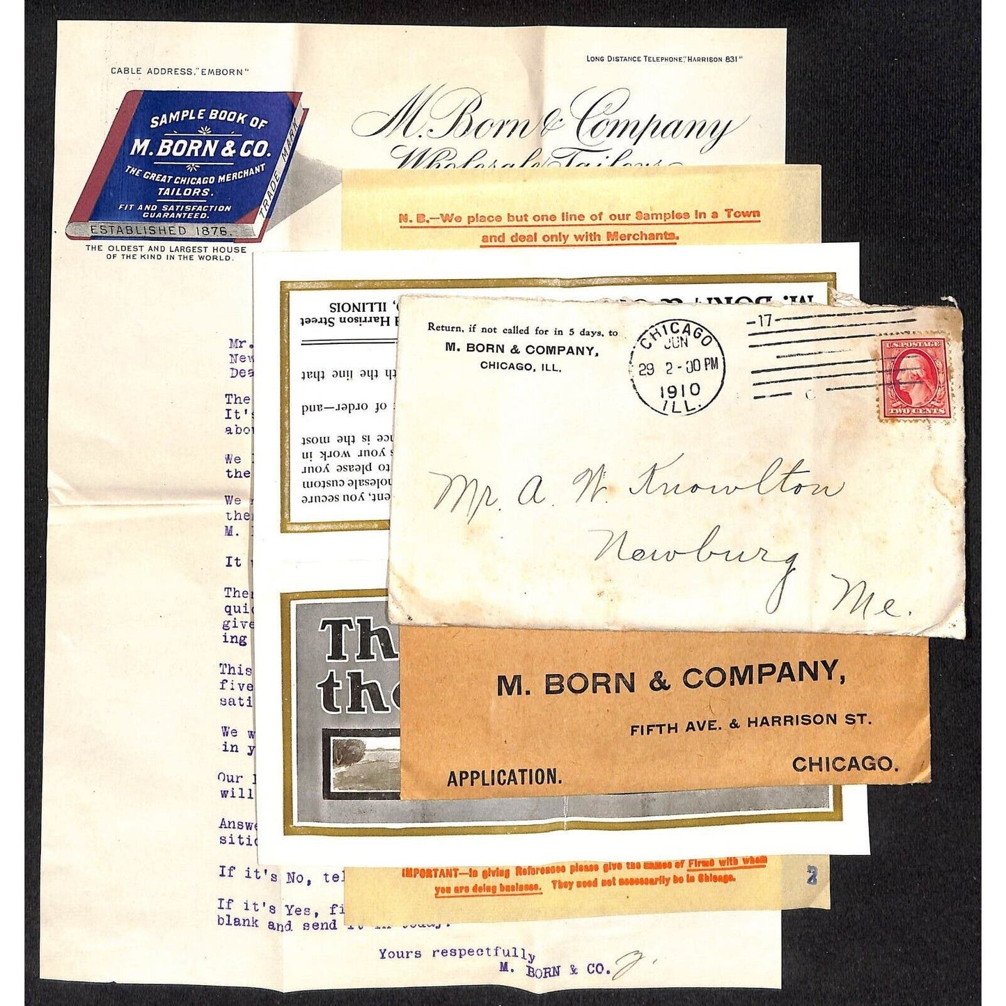 M. Born & Co. Wholesale Tailors Chicago 1910 Letterhead Order Form Cover VGC