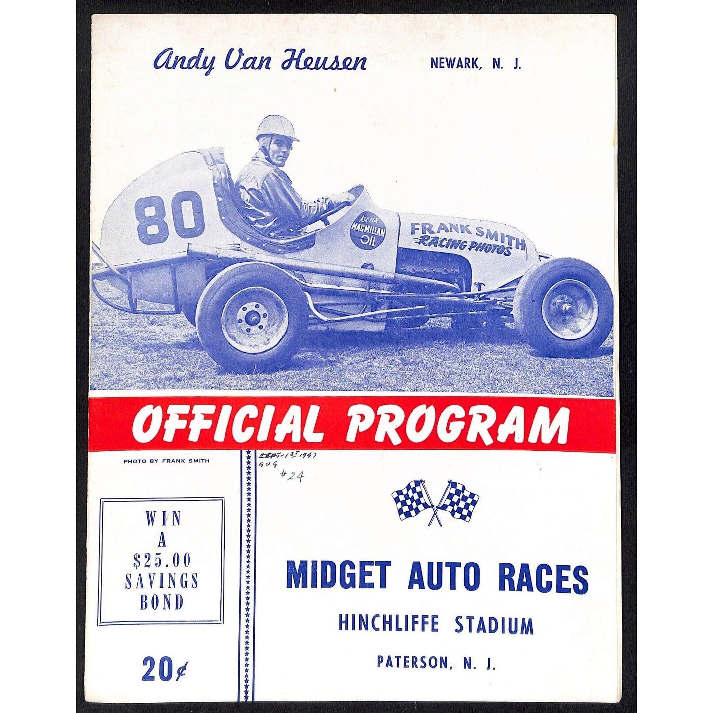 Hinchliffe Stadium Midget Auto Races 1947 Program Andy Van Heusen 4pp VGC