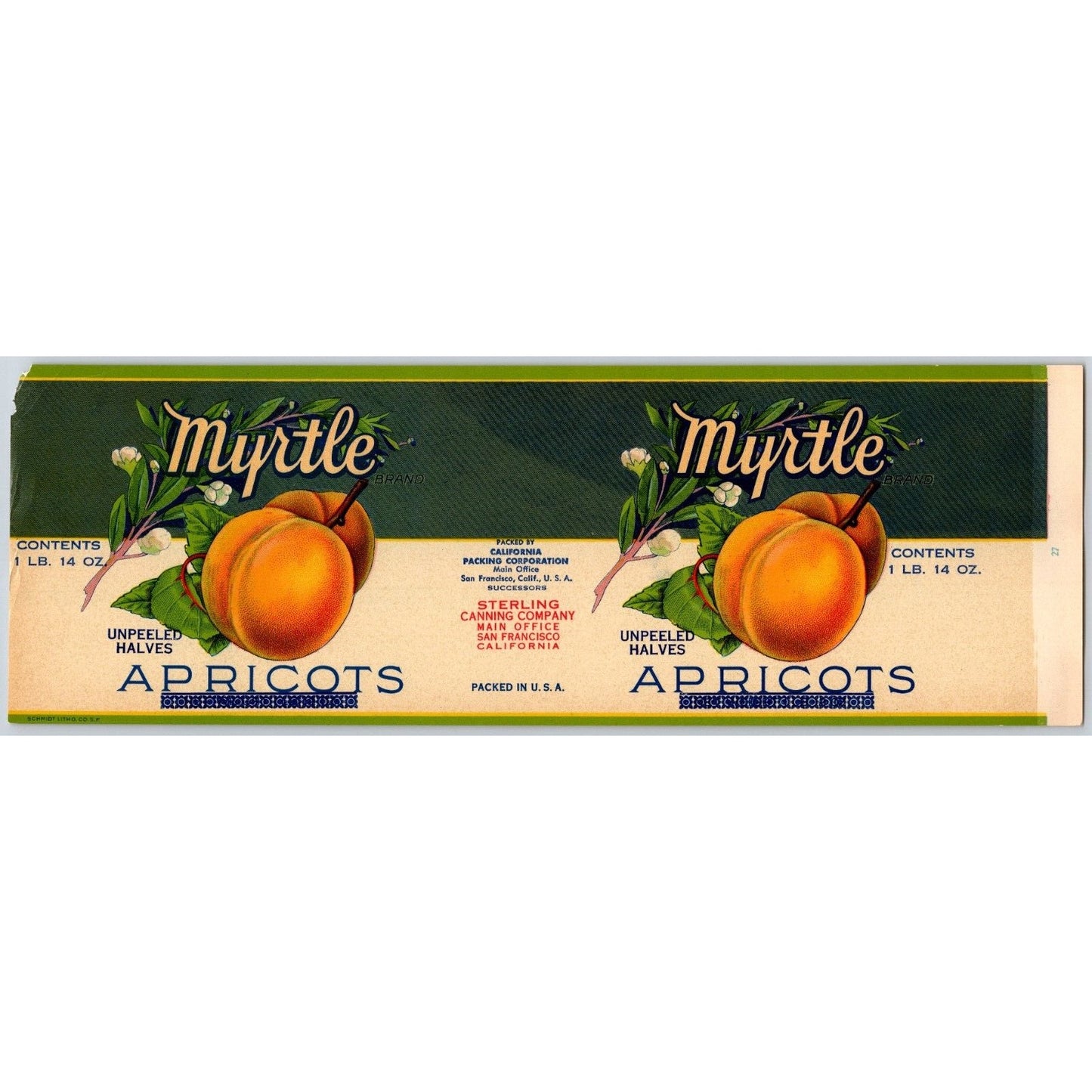Apricots Myrtle Brand Sterling Canning Co. Paper Can Label c1930's NOS / w/ Loss