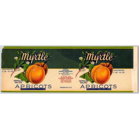 Apricots Myrtle Brand Sterling Canning Co. Paper Can Label c1930's NOS / w/ Loss