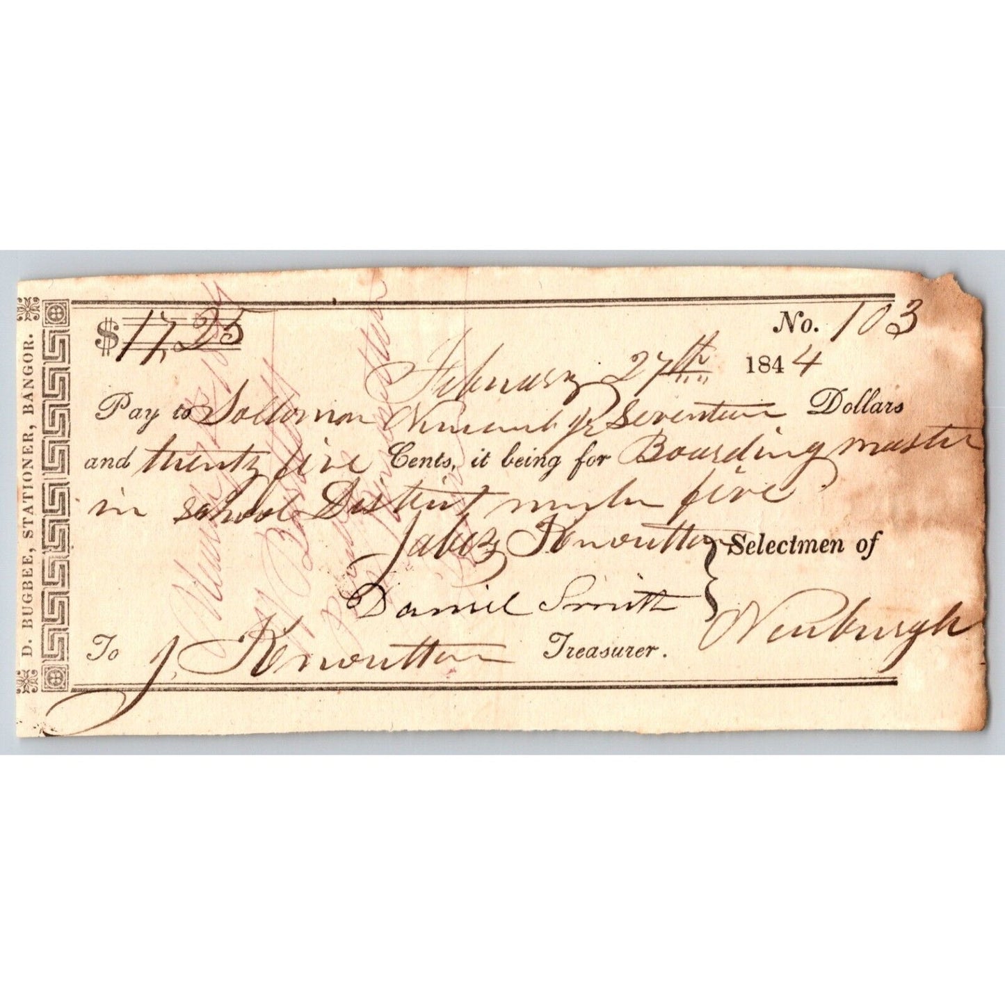 1844 Jabez Knowlton* Newburgh ME Town Check for "Boarding Master in School.."