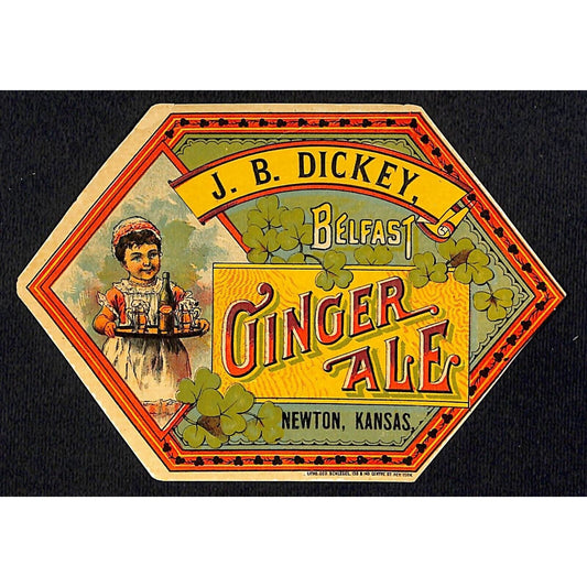J.B. Dickey Belfast Ginger Ale Label Newton, Kansas c1890-1900 VGC Scarce