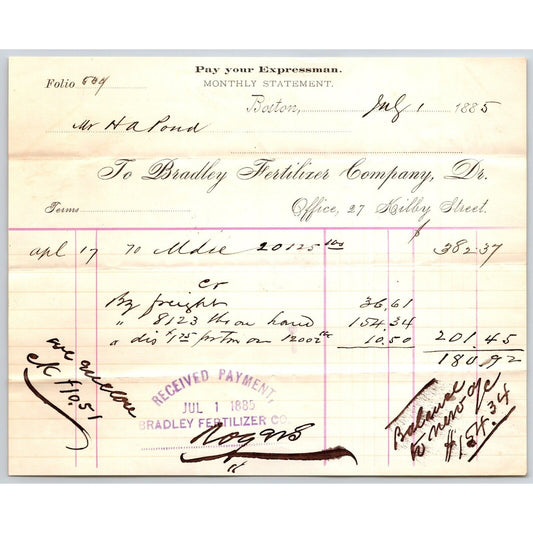 Bradley Fertilizer Co. Kilby St. Boston 1885 Billhead to: H.A. Pond Scarce VGC