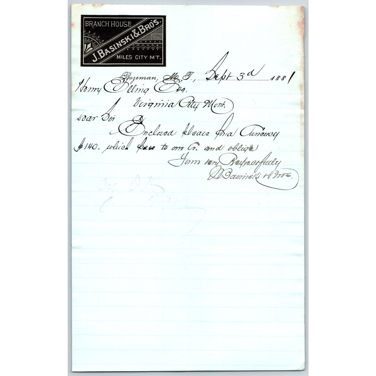 J. Basinski & Bros. Bozeman, MT (Dry Goods) 9/3 1881 Letterhead Henry Elling*