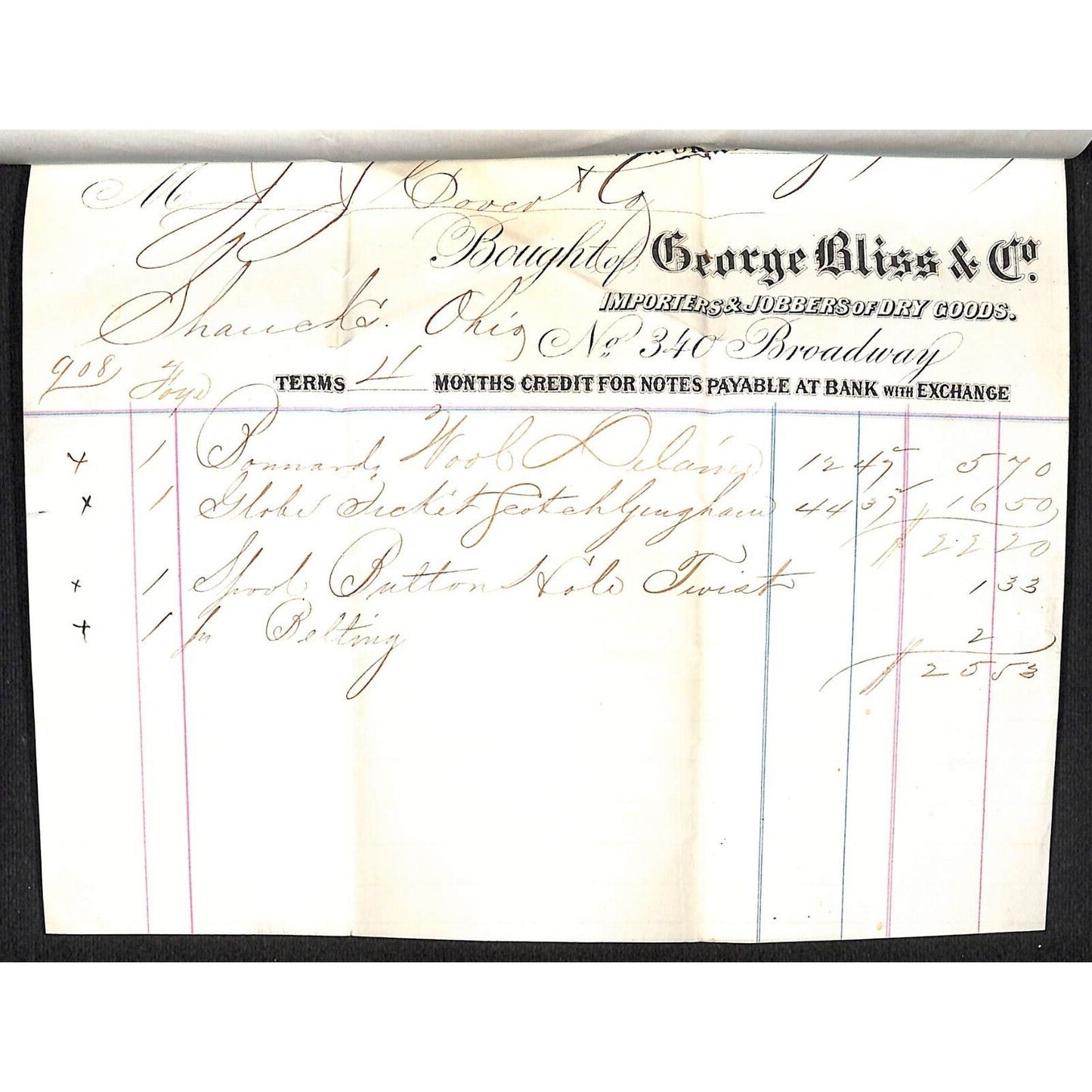 George Bliss & Co. Dry Goods NYC 1867 J.J. Cover, Johnsville, OH* 3 Billheads