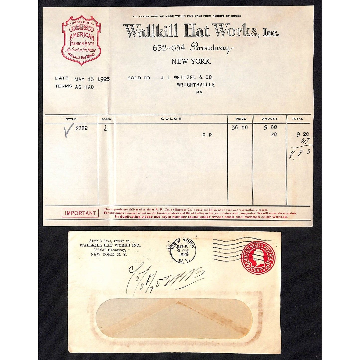 Wallkill Hat Works 632 634 Broadway NYC Weitzel 1925 Billhead / Cover