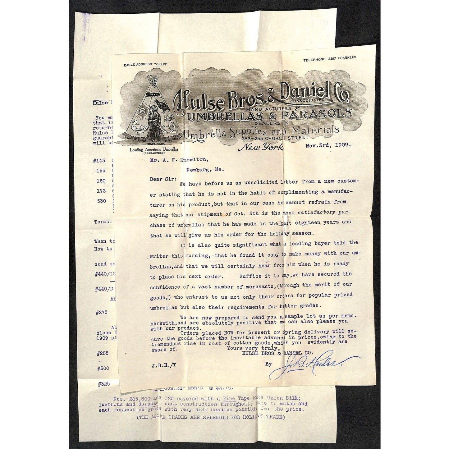 Hulse Bros. & Daniel Co Umbrellas Parasols NYC 1909 Letterhead & Cover Knowlton*