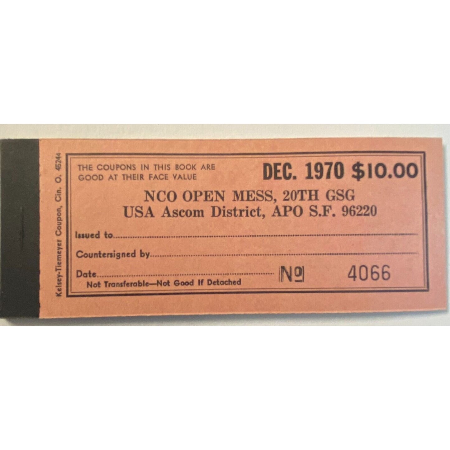 Bupyeong, Korea NCO Open Mess Partial $10.00 Coupon Booklet Dec 1970 VGC Scarce