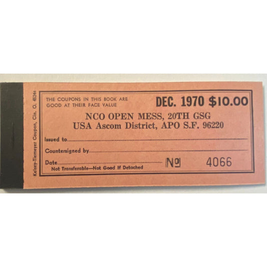 Bupyeong, Korea NCO Open Mess Partial $10.00 Coupon Booklet Dec 1970 VGC Scarce