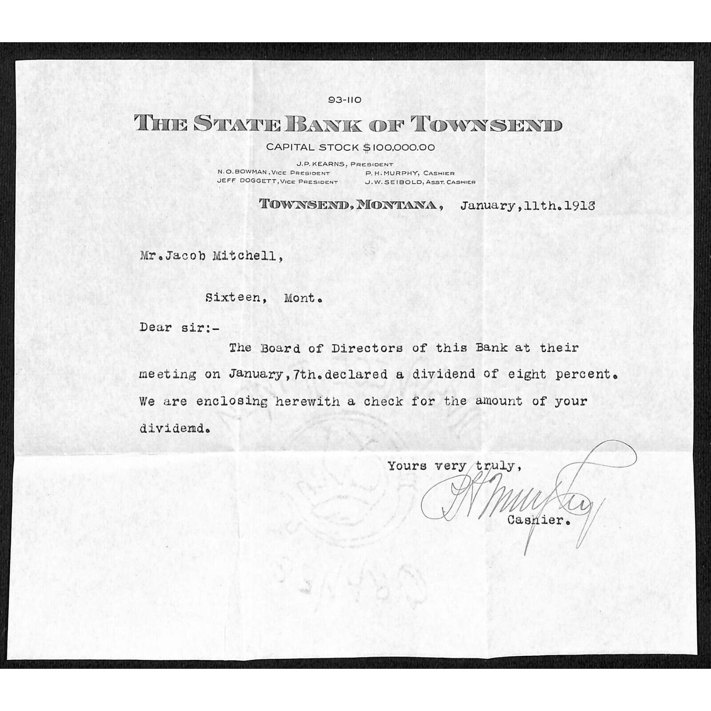 1918 State Bank of Townsend, Montana TLS re: 8% Dividend Check