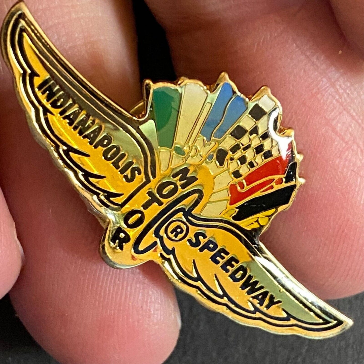 Indy 500 Winged Wheel / Flags Logo Enameled Lapel Pin c1986-95 17mm x 38mm VGC