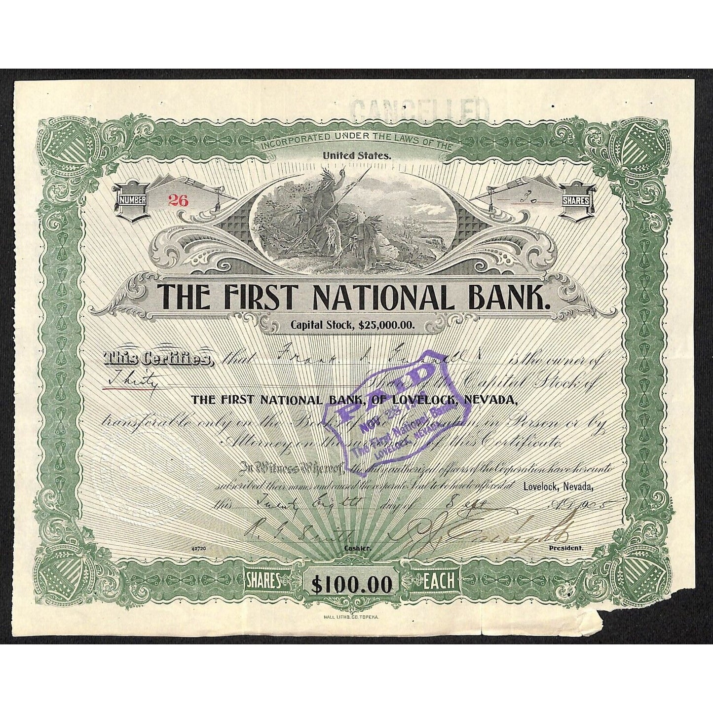 First National Bank of Lovelock, NV 1905 Stock Certificate to: F. I. Gunnell *