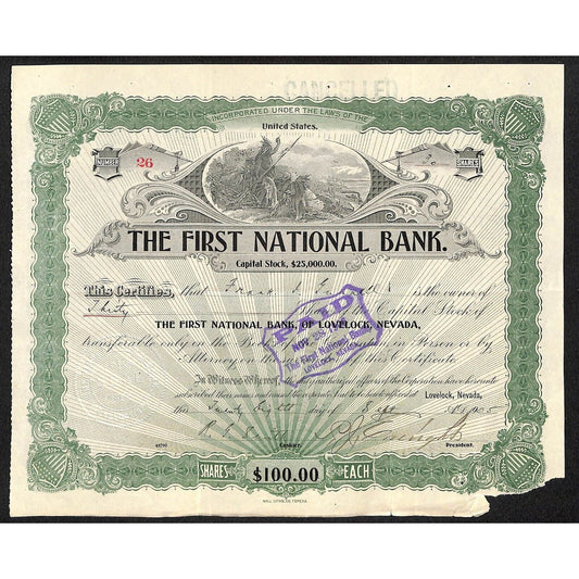 First National Bank of Lovelock, NV 1905 Stock Certificate to: F. I. Gunnell *